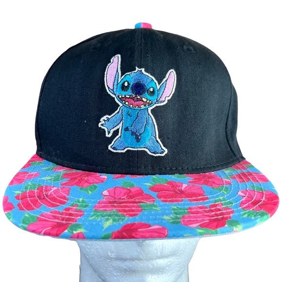 Disney Accessories Lilo And Stitch Disney Official Black Colorful Floral Stitch Snapback Hat